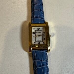 Gold Tone Gossip Quartz Watch Blue Genuine Leather Band New‎ Battery